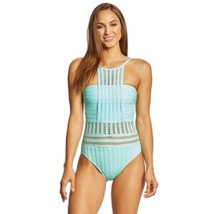 NWT Kenneth Cole New York Women's High Neck Bandeau One Piece Swimsuit, Aqua